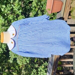 Girl's blue & white gingham dress w embroidered pumpkins on collar, sz 5